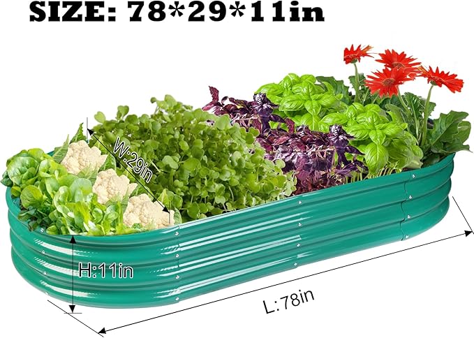 Raised Garden Bed GRS Certified Galvanized Planter Box Outdoor, 6.5ft Oval Rot-Resistant Metal Garden Bed Planter, Recycled Eco-Friendly Material Planter for Vegetables Flowers Herbs (Green)