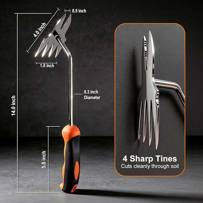 Hand Weeder Puller Tool, Heavy-Duty Stainless Steel Root Removal Tool with Ergonomic Non-Slip Handle, Manual Dandelion Remover for Garden Lawn Yard, Handheld Weeding Tool for Deep Roots, red