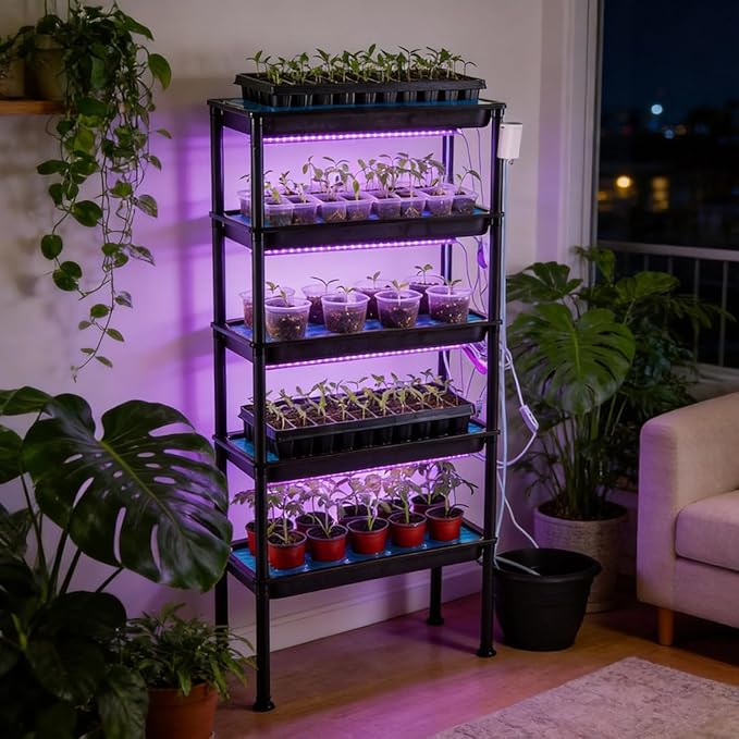 5-Tier Seed Starter Tray, Plant Stand with Grow Lights & Pump - Hydroponics Growing System, Ebb and Flow Seedbeds, Siphoning Watering, Designed for Nursery Cell Trays, Plant Pots
