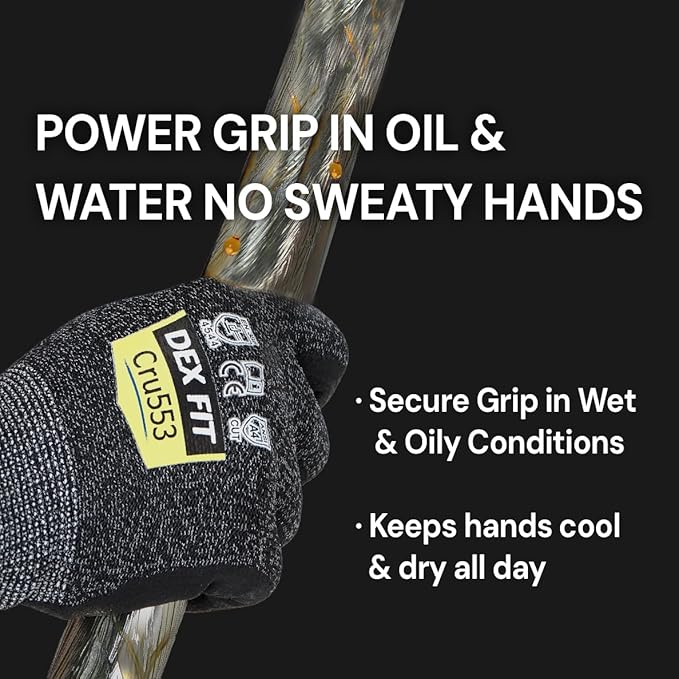 DEX FIT Level 5 Cut Resistant Gloves Cru553, 3D-Comfort Stretchy Fit, Power Grip, Professional Grade, Thin, Touch-Screen Compatible, Durable, Machine Washable; Blue S (7) 1 Pair