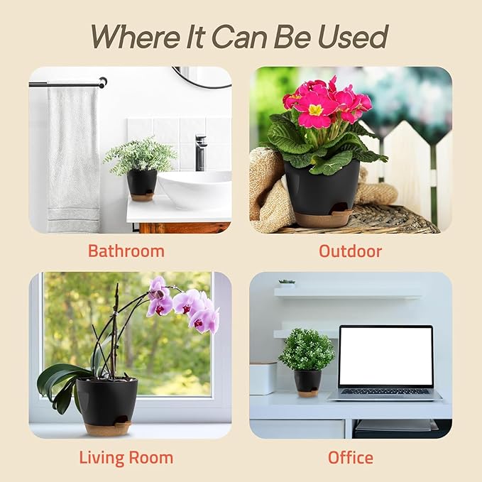 Black Self Watering Pots 10 Pack, Indoor and Outdoor Plant Pots with Wick Rope & Drainage Holes, Easy Watering Lip, Lightweight Plastic Self Watering Planter for Succulents, Houseplants, and Herbs