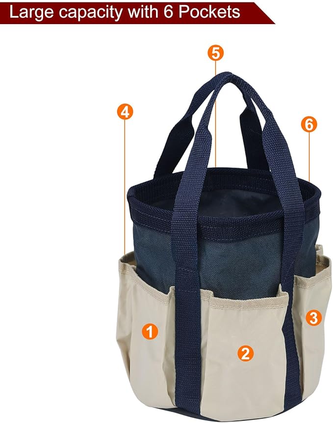 HARFINGTON Garden Tool Bag 7.5" x 8.3" Large Oxford Waterproof with Pockets Garden Tote Bag Gardening Plant Tool Organizer Storage Carrier Store for Outdoor Women Men, Dark Blue