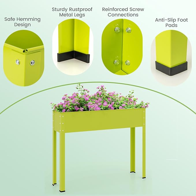 Giantex Raised Garden Bed, Metal Planter Box with Legs, Drain Hole, Outdoor Indoor Elevated Garden Box for Vegetable Flower Herb Fruit, Standing Raised Beds for Backyard Porch Balcony Green
