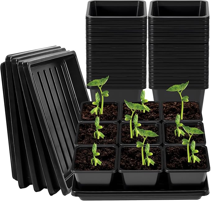 NNG 3.5 inch 50 Pcs Black Square Nursery Pots with 5 Pcs Plastic Seed Starting Trays,Plant Propagation Starter Kit Square Seed Starting Pots with Drain Holes