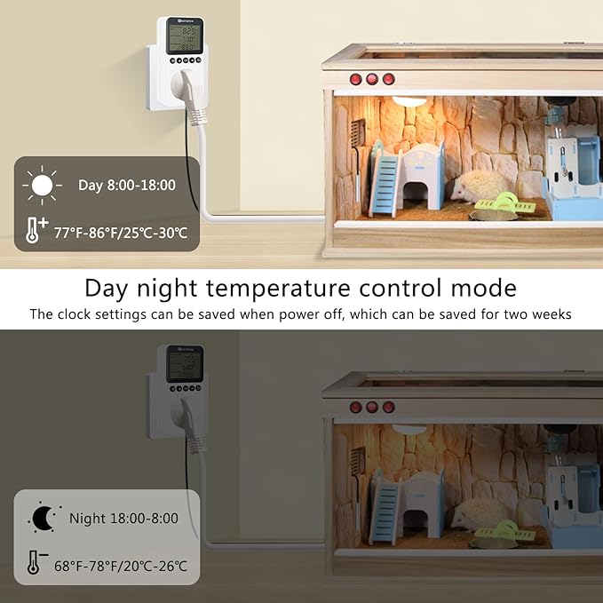 KETOTEK KT3200PRO Digital Temperature Controller Outlet Day Night Thermostat Plug Socket Heating Cooling Temp Controller with Sensor Timer Regulator for Reptile Greenhouse Brewing Refrigerator