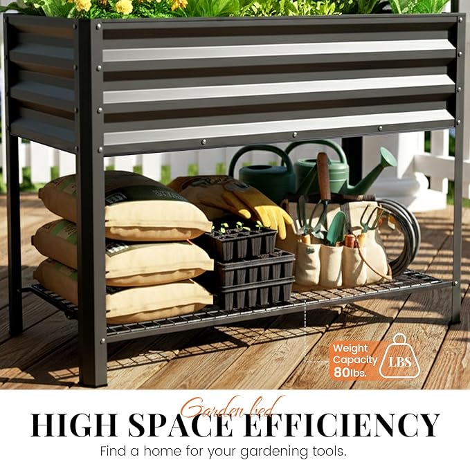 KING BIRD Large Raised Garden Bed with Legs & Storage Shelf Galvanized Elevated Planter Box for Backyard, Patio, Balcony, 400lb Capacity, Dark Grey 48×24×30 in