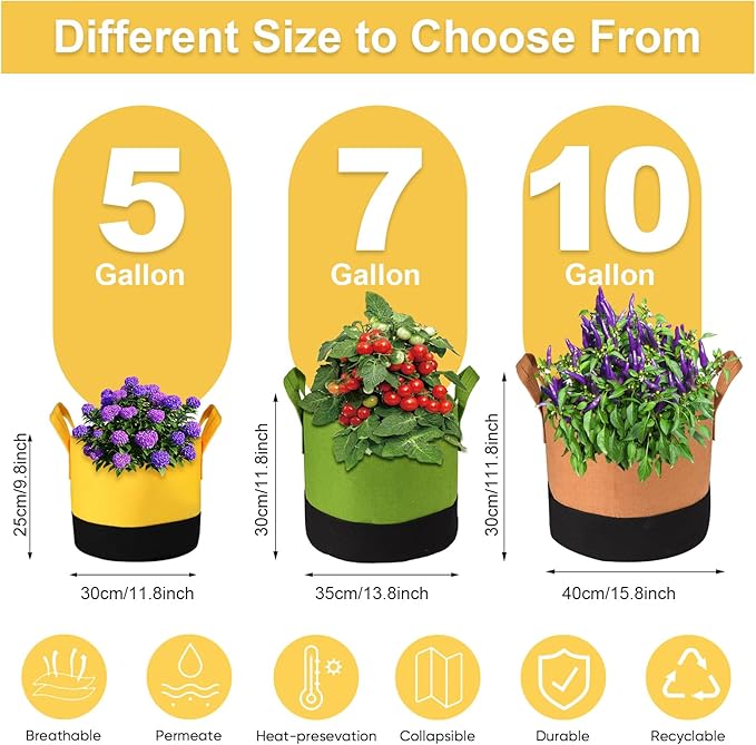 Grow Bags 5Gal/7Gal/10Gal * 2 ，6 Pack Vegetable/Flower/Plant Grow Bags ，Plant Fabric Pots with Handles for Garden and Outdoor Planting (6 Colour, 10 Gallon)