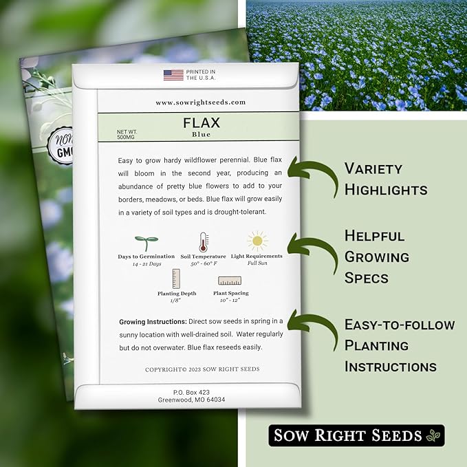 Sow Right Seeds - Blue Flax Seeds for Planting - Non-GMO Heirloom Packet with Instructions to Plant an Outdoor Wildflower Garden - Striking Blue Perennial Native, Drought Tolerant for Home Gardens (4)