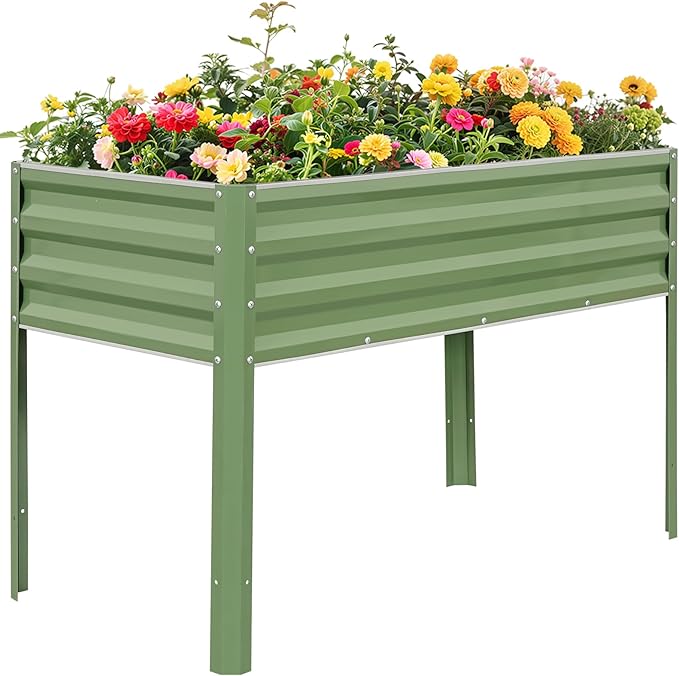 1MORE Elevated Raised Garden Bed with Legs, 48×24×32in Large Metal Raised Bed for Backyard, Patio, Balcony. Raised Planter Box with Drainage Holes for Plants Vegetables Flowers Fruits.Green-1pcs