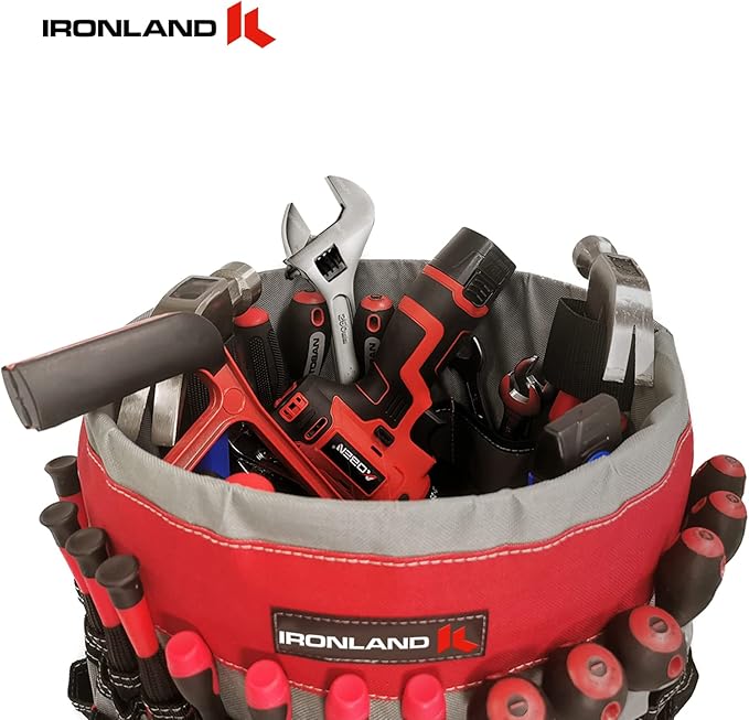 IRONLAND Bucket Tool Organizer Fit 3.5-5 Gallon Bucket, 51 Pockets, Bucket Tool Caddy Organization for Garden, Construction, Carpenter, Electrician, Welding, Builder Red & Black