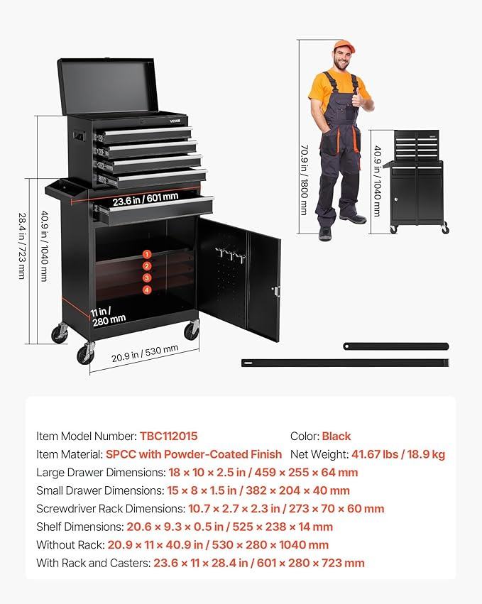 VEVOR Rolling Tool Chest, 2-in-1 Design, 5 Drawers Tool Cabinet Organizer with Detachable Top Metal Toolbox, Lock Bar, Protective Liner, and Tools Rack, Garage Storage Cabinet for Warehouse, Workshop