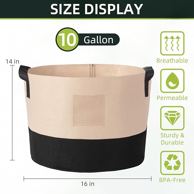 LITLANDSTAR 10 Gallon Fabric Grow Bags, 10 Pack Heavy Duty Thickened Nonwoven Plant Grow Bags with Handles and Label Bags, Fabric Plant Pots for Growing Vegetables Flowers Herbs (Black Mixed Camel)