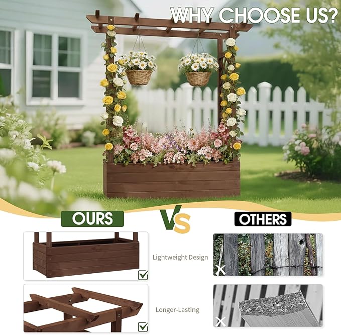 Outvita Raised Garden Bed with Trellis, Wood Planter Box with Hanging Roof, Side Trellis and Drainage Holes, Above Ground Elevated Garden Bed for Outdoor Climbing Plants Vegetables(Carbonized Color)