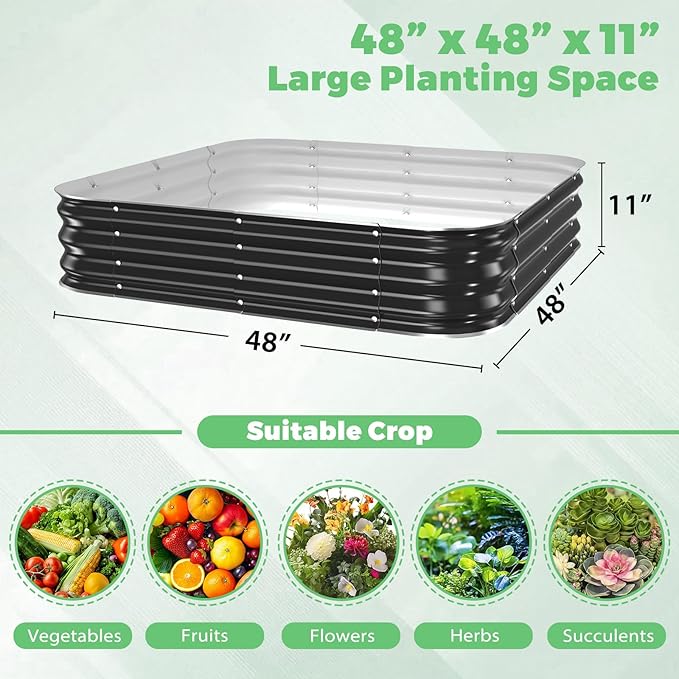 Galvanized Raised Garden Bed, 4x4x1ft Garden Planter Bed Outdoor, Heavy Duty Rustproof Steel Raised Bed Kit for Gardening Vegetables Fruits Flowers Grow Black