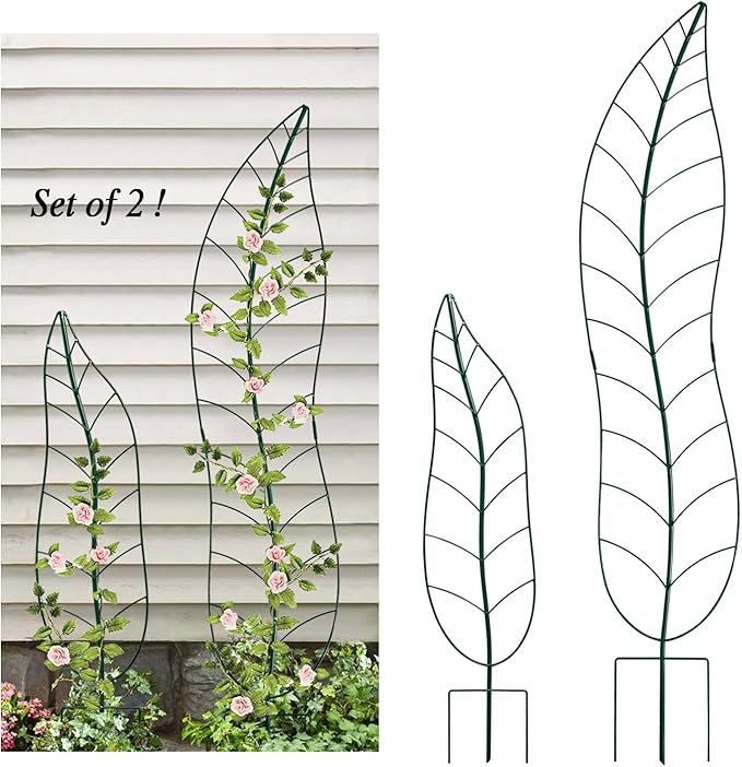 Garden Trellis Plant Support Trellis Green Leaf Trellis Garden Decoration for Climbing Vines Floral Metal Trellis Set of 2（Green）