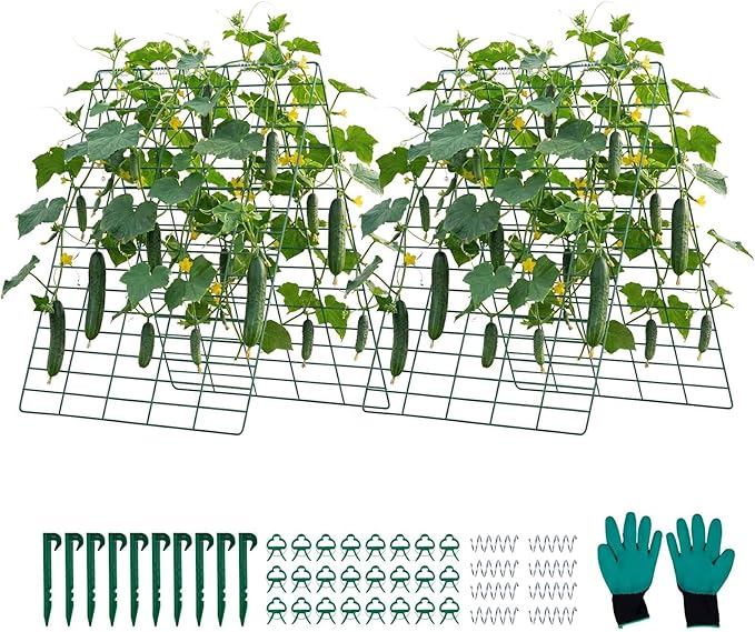 VEVOR Cucumber Trellis, 35" x 55" Foldable A-Frame Garden Trellises for Raised Bed, 4 Panels, Metal Rustproof Outdoor Climbing Plant Support with Gloves for Vine, Peas, Beans, Tomato, Flowers