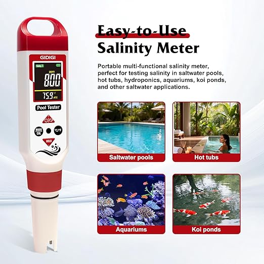 pH Chlorine Meter Digital 7 in 1, Pool ORP Salinity Meter Test pH CL Salt ORP EC TDS Temp, for Pools Aquariums Hydroponics Drinking Water Hot Tubs, Water Test Kit, with Calibration Solution