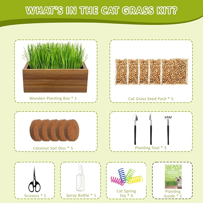 Cat Grass Kit for Indoor Cats with Wooden Planter - 5 Pack Cat Grass & 5 Coconut Soil, Complete Planting Tools, Water Sprayer, Scissors, Bonus Cat Gifts - Natural Wheat Grass for Hairball Control