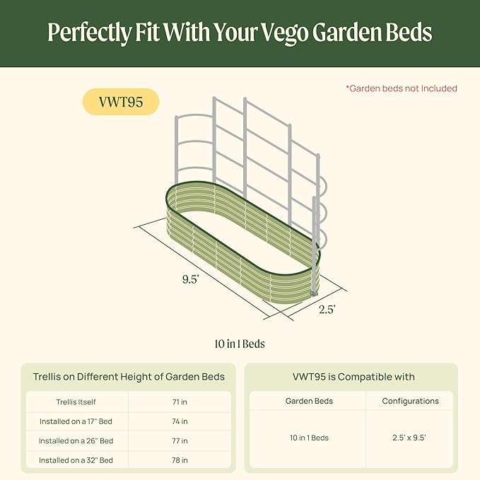 Vego Garden Modular Wall Trellis System, Five Section 9.5' Long for 2.5' x 9.5' (10 in 1) Garden Beds