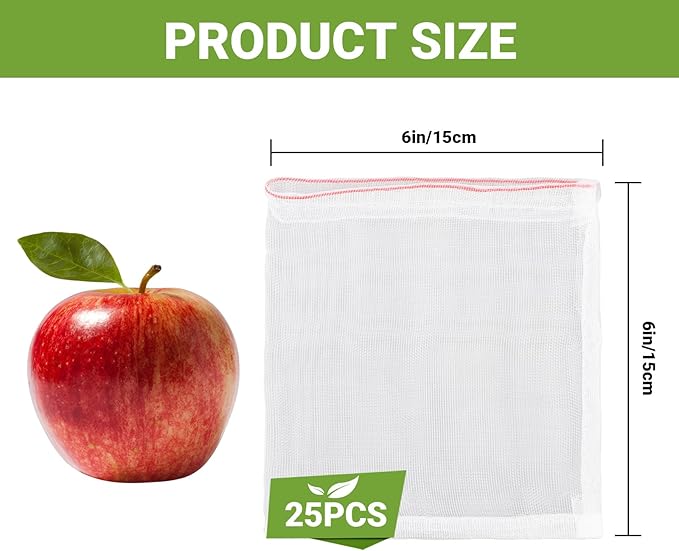 Fruit Bags for Fruit Trees, 25pcs 6x6 in Fruit Protection Net Bags, Garden Netting Mesh Bags with Drawstring Keeping Away Birds Pests Squirrels, Bug Net Bags