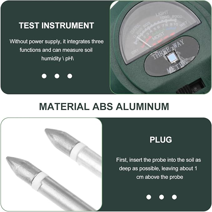 BETOOKY 3-in-1 Soil Testing Accessory with Ph, Moisture, and Light Measurement for Gardening and Plant Care, Mini Soil Detector for Indoor and Outdoor Use