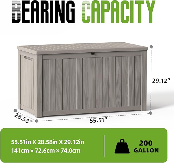 200 Gallon Outdoor Storage Deck Box Waterproof Resin Lockable Outside Bench Porch Patio Furniture Pool Float Garden Tool Cushion UV Resistant Bin Beige