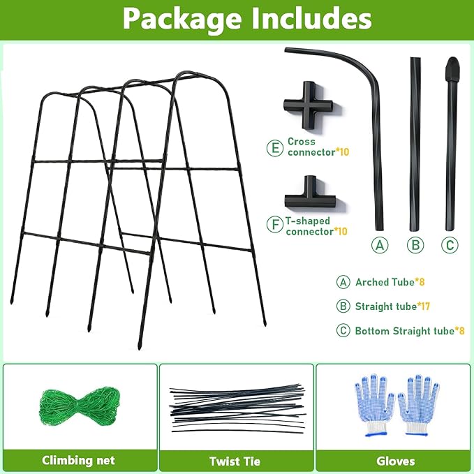 Garden Arch Trellis for Climbing Plants, Plastic-Coated Steel Trellis with Easy-Connect System, Includes Net, Ties & Gloves, Outdoor Plant Support for Vegetables (47.2" L x 47.2" H)