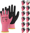 KAYGO Work Gloves for Men and Women,12 Pairs Seamless Knit PU Coated Safety Gloves, with Smooth Grip on Palm and Fingers, Ideal for Light Warehouse, Manufacturing, Gardening, KG11P (L,Pink)