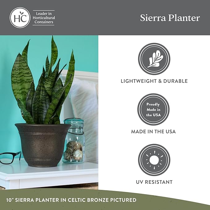 The HC Companies Sierra Round Self-Watering Pot - Lightweight Plastic Planter for Herbs & More - Durable Plant Pots for Indoor Plants & Outdoor Plants (7.5” Celtic Bronze, Pack of 1)