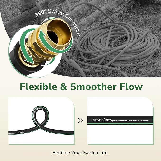 GreatBuddy Garden Hose 3ft, 5/8" Water Hose Heavy Duty, Flexible, Lightweight Hybrid Hose, Burst 600 PSI with Solid Brass Male to Female Fittings Leakproof Hose for Backyard, Garden