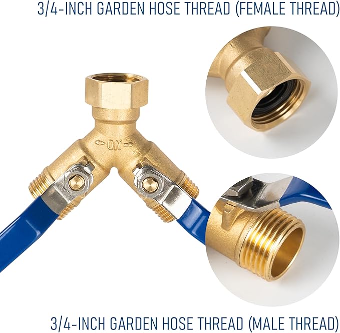 Hourleey Brass Garden Hose Splitter, Y Valve Splitter with Stainless Steel Long Handle, Heavy Duty 2 Way 3/4" GHT Thread Water Garden Hose Adapter