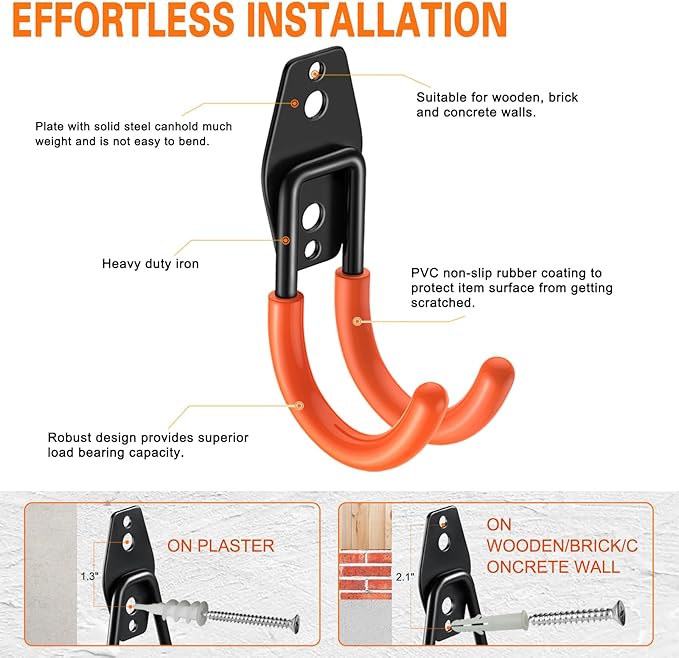 HUPBIPY Heavy Duty Garage Hooks 6 Pack, J Shaped Hanger, Wall Mounted Storage System, Power and Garden Tool Organizer, for Hanging Ladders, Bikes Tires, Hose, Bulk Items