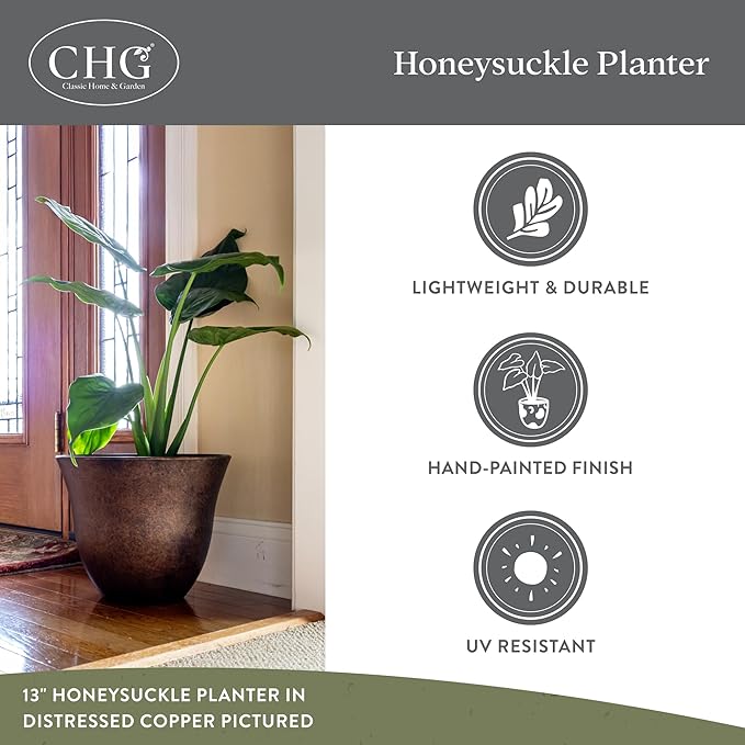 Classic Home and Garden Honeysuckle Resin Planters - Lightweight Indoor & Outdoor Plant Pots - UV-Resistant Plastic Flower Pots - Pot Planters for Flowers & Herbs (13" Distressed Copper)