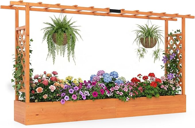 S AFSTAR Raised Garden Bed with Trellis, 2-in-1 Fir Wood Planter Box with Flat Roof & Drainage Holes, Vertical Planter Raised Bed for Climbing Plants, Flowers & Vegetables, 87" x 14" x 45" (Orange)