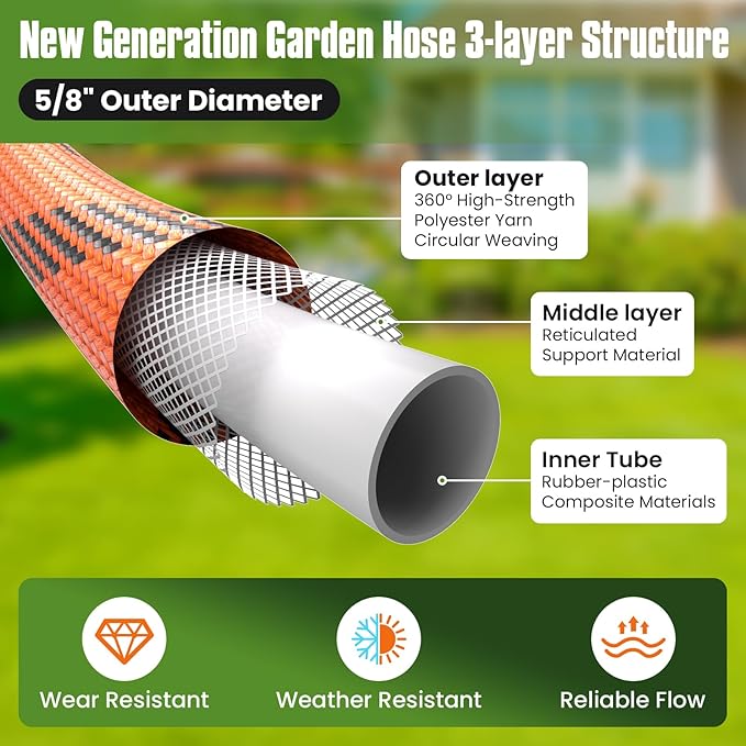 Flexible Garden Hose 50 ft, Non-Expanding Lightweight Water Hose, with 10 Pattern Sprayer, All Weather, Durable, Kink and Abrasion-Resistant, Leak-Free, Orange