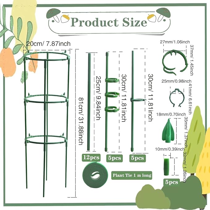 12pcs Multi-Layer Stackable Adjustable Plant Support Stakes Round Cage Holder, 10pcs Plant Support Sticks with Clips, 5pcs Connect Pipes with a Roll Green Ties for Indoor Outdoor Pots Plants
