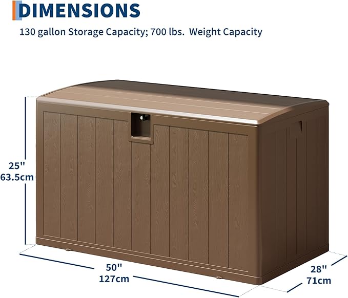 GarveeLife 130 Gallon Outdoor Storage Box, Large Resin Deck Box with Hydraulic Air Rod, Weatherproof & Lockable Outdoor Storage Bin for Patio Cushions, Garden Tools, Pool Supplies, Porch, Brown