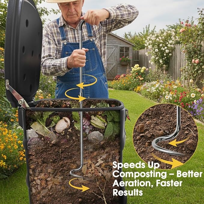 Compost Aerator Tool, Heavy Duty Spiral Compost Turner with Ergonomic Handle, Manual Soil Aeration Tool for Garden Compost Bin and Backyard Pile Mixing
