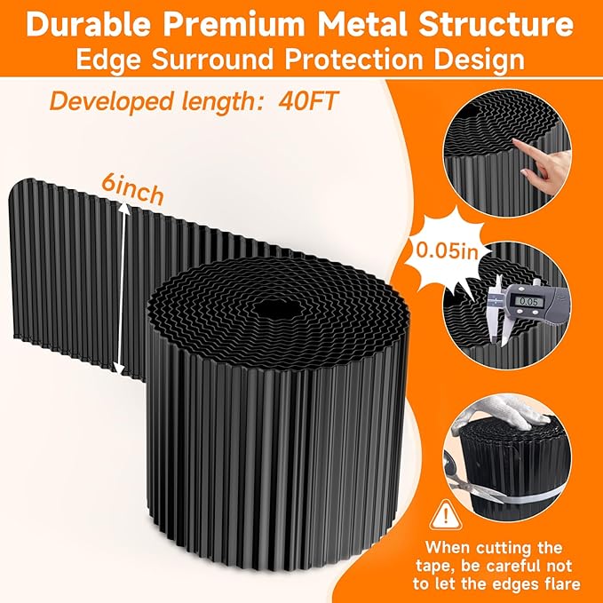 Corrugated Garden Edging,6"×40Ft Galvanized Steel Landscape Edging & Lawn Edging Border,Metal Garden Border for Flower Beds,Garden,Lawn,Raised Beds & Tree Surrounds(Black)