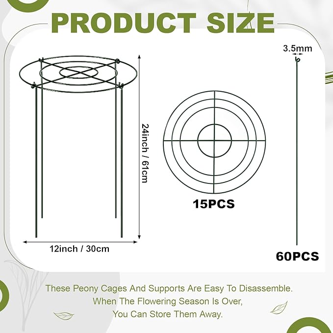 Geelin 15 Pack 12'' x 24'' Peony Cages and Supports Grow Through Metal Plant Supports Frame Rings Hoops for Outdoor Plants Peony Flowers Tomato Rose (Green)