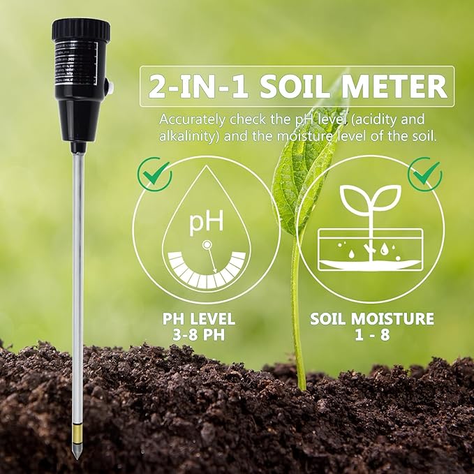 2 in 1 Soil PH Meter Soil Moisture Sensor Meter Soil PH Tester Soil Test Kit Gardening Tool for Indoor Outdoor Plant Garden Lawn Farm Waterproof Metal Electrode 295mm Long