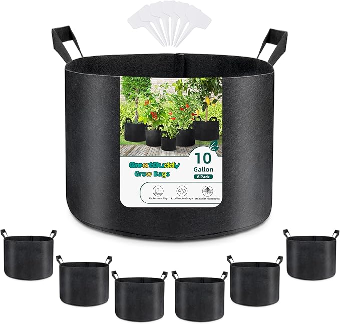GreatBuddy 10 Gallon Grow Bags 6-Pack, Thick Fabric Pots for Plants, Sturdy Handles & Reinforced Stitching, Labels Included, Black