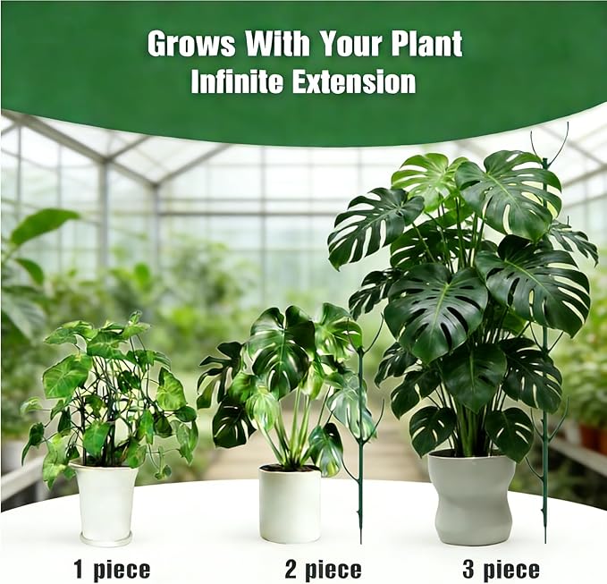 Tree Branch Plant Support Stakes – Stackable Plant Support Sticks with Clips & Velcro Tie – Natural Aesthetic Extendable Trellis for Indoor Plants, Monstera, Pot (Green-6 Pack)