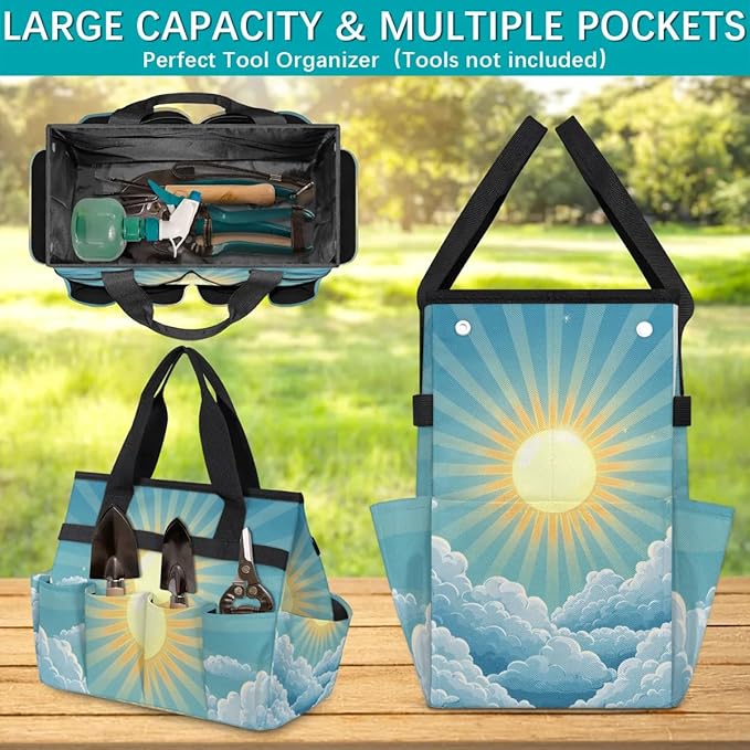 Garden Tool Bag Organizer Garden Tote Bag with Pockets Sunshine Clouds Tool Storage Organizer Gardening Tool Kit Holder 13" x 6.8" x 2.8"