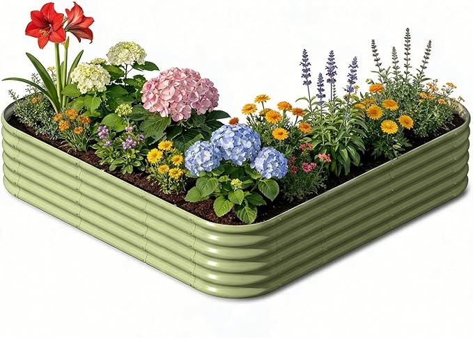 L-Shaped Metal Raised Garden Bed 7x7x1.5 ft, 18" Tall Galvanized Steel Corner Raised Garden Bed for Vegetables & Flowers, Modular Outdoor Raised Planter Box for Backyard Patio – Moss Green