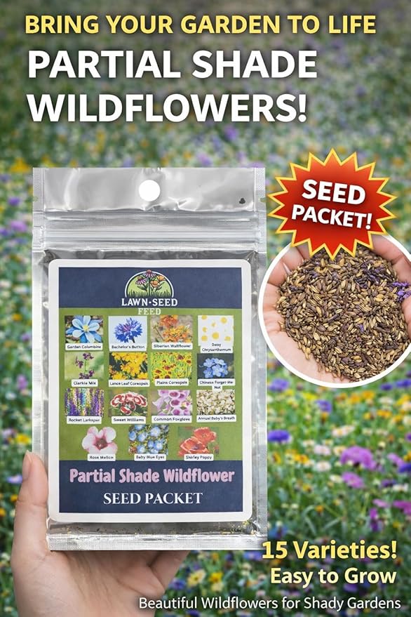Partial Shade Wildflower Mix - (Seed Packet) - Bring Color to Low-Light Areas That Thrive with Dappled Sun, producing Vibrant Blooms in Yards, Garden beds, Fence Lines, and Woodland Edges.