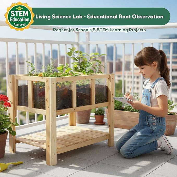 PetsCosset Small Transparent Raised Garden Bed with Legs, Compact Planter Box Stand with Observation Panels & Storage Shelf for Balcony, Patio, Small Spaces (Natural Wood)