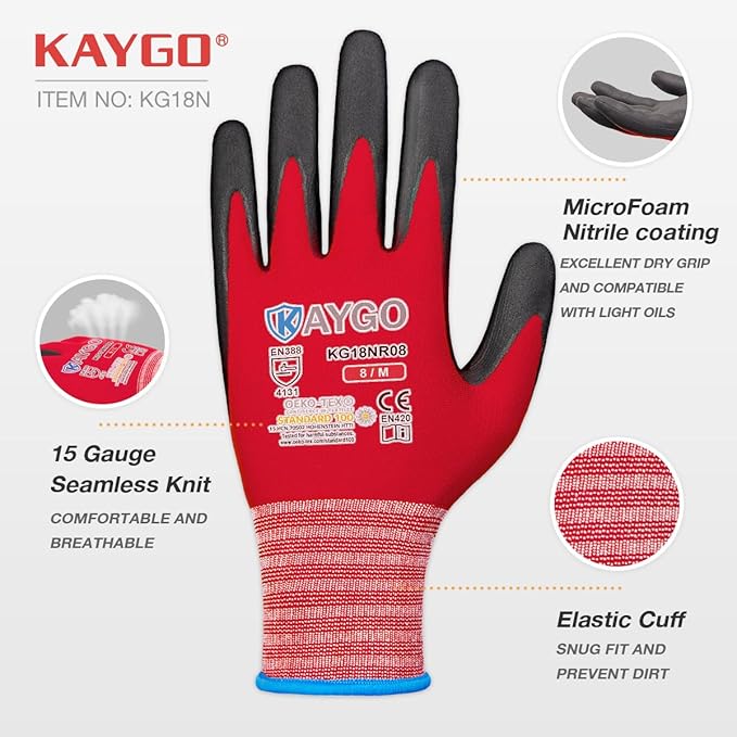 KAYGO Safety Work Gloves MicroFoam Nitrile Coated-3 Pairs, KG18NB,Seamless Knit Nylon Glove with Black Micro-Foam Nitrile Grip,Ideal for General Purpose,Automotive,Home Improvement,Red XX-Large