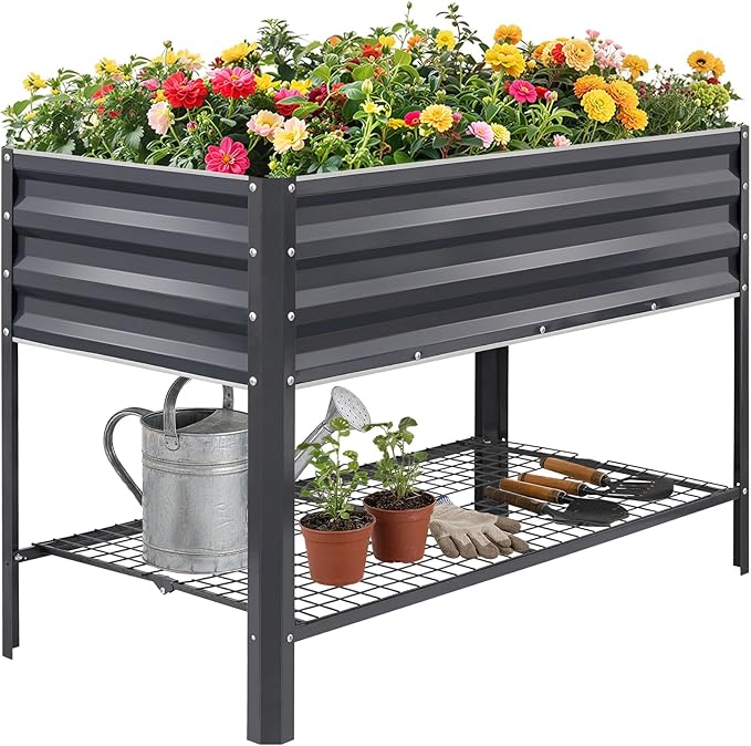 1MORE Elevated Raised Garden Bed with Legs & Storage Rack, 48×24×32in Large Metal Raised Bed for Backyard, Patio. Raised Planter Box with Drainage Holes for Plants Vegetables Flowers Fruits(Grey-1pcs)