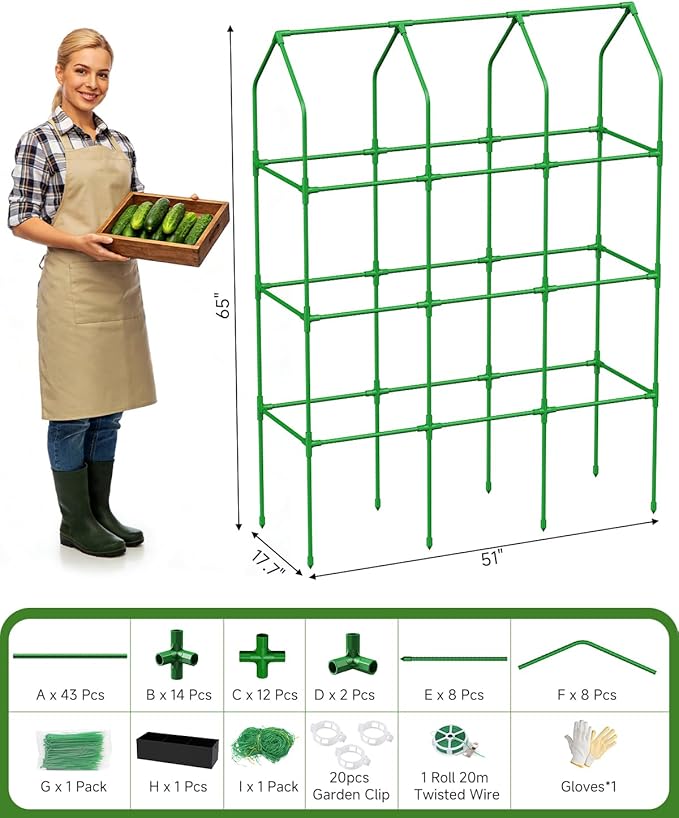 Cucumber Trellis with Grow Bag for Raised Bed, A-Shape Garden Trellis for Climbing Plants Outdoor, Metal Plant Trellis with Garden Netting for Flower Vegetables, Pea, Grape (50 * 17 * 65inch(L*W*H)